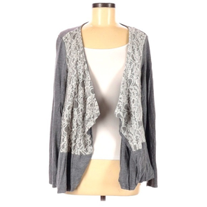 Sunday M grey lace front long‎ sleeves waterfall open cardigan sweater